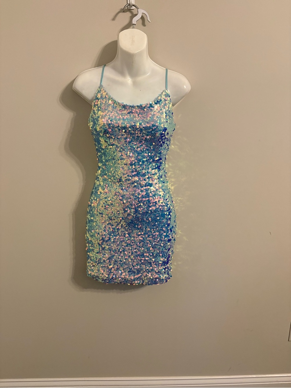 B Darlin Iridescent Aqua Sequin Mini Dress
